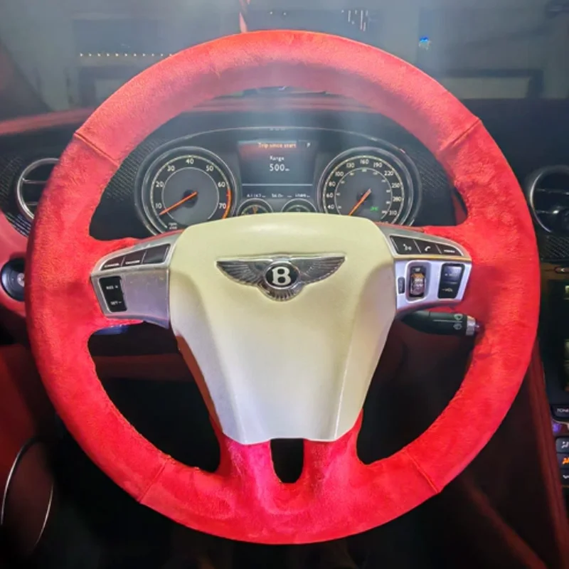 Hand Stitch Non-slip Car Steering Wheel Cover for Bentley Continental GT Flying Spur 2011-2018 DIY Soft Red Suede Car Interior