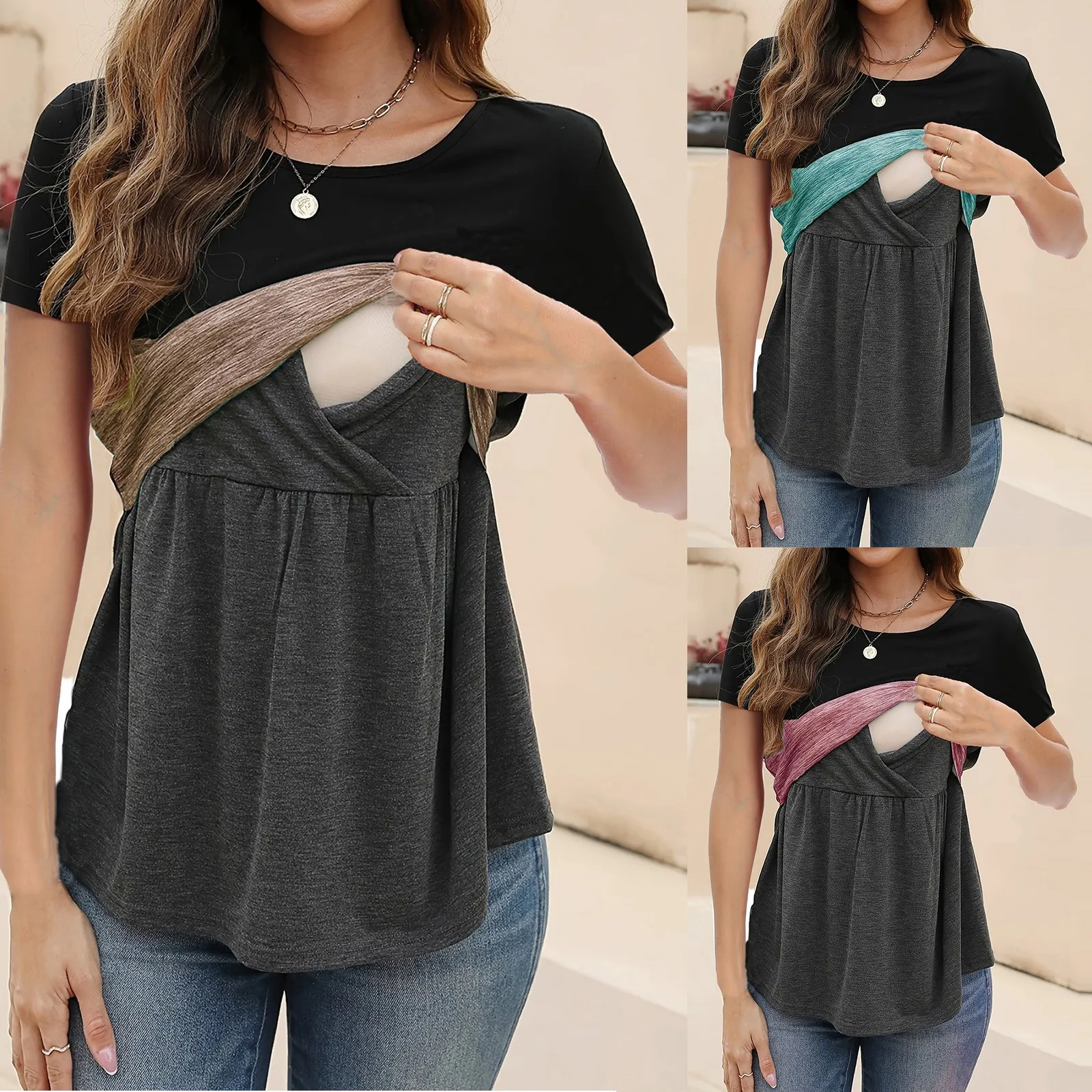 

Maternity Summer Short Sleeve V Neck Color Block Tops T Shirt For Breastfeeding Womens Nursing Blouse Pregnancy Pajama Clothes