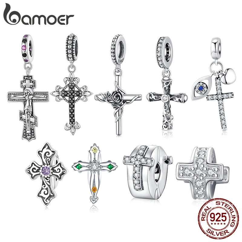 Bamoer 925 Sterling Silver Jesus & Cross Pendant fit Women DIY Bracelet & Bangle Vintage Cross Charms Collection Fine Jewelry