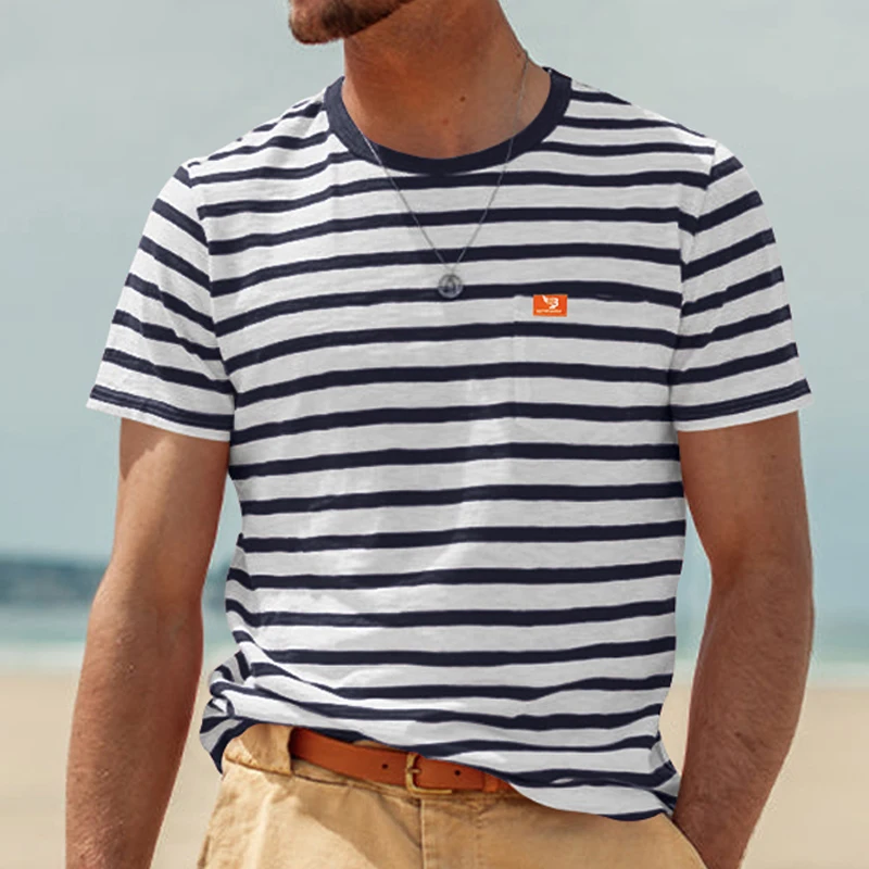 [2025 Summer New Style] Men's Classic Striped Short Sleeve T-Shirt Minimalist Design Chest Multifunctional Pocket Casual Wear Easiest for Match Item