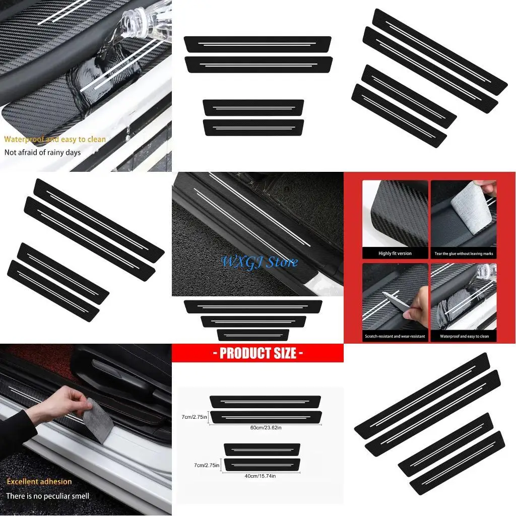 

37JE Slip Vehicle Door Sill Protectors Carbon Fiber Leather Trim Guards 4Pcs