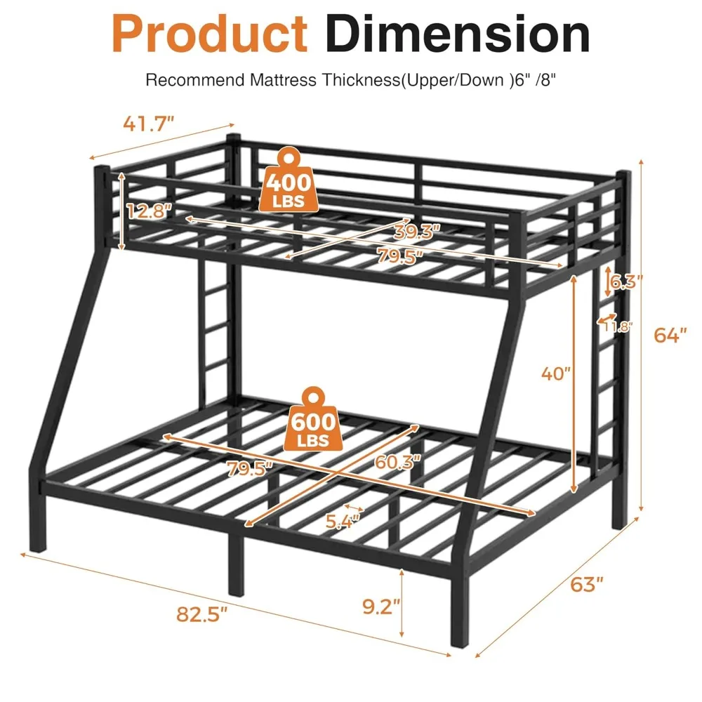Heavy Duty Metal Bunk Bed Twin XL Over Queen Bunk Bed Frame for Adults Kids, Twin Over Queen Bunkbed with 2 Ladder, Customized view 2