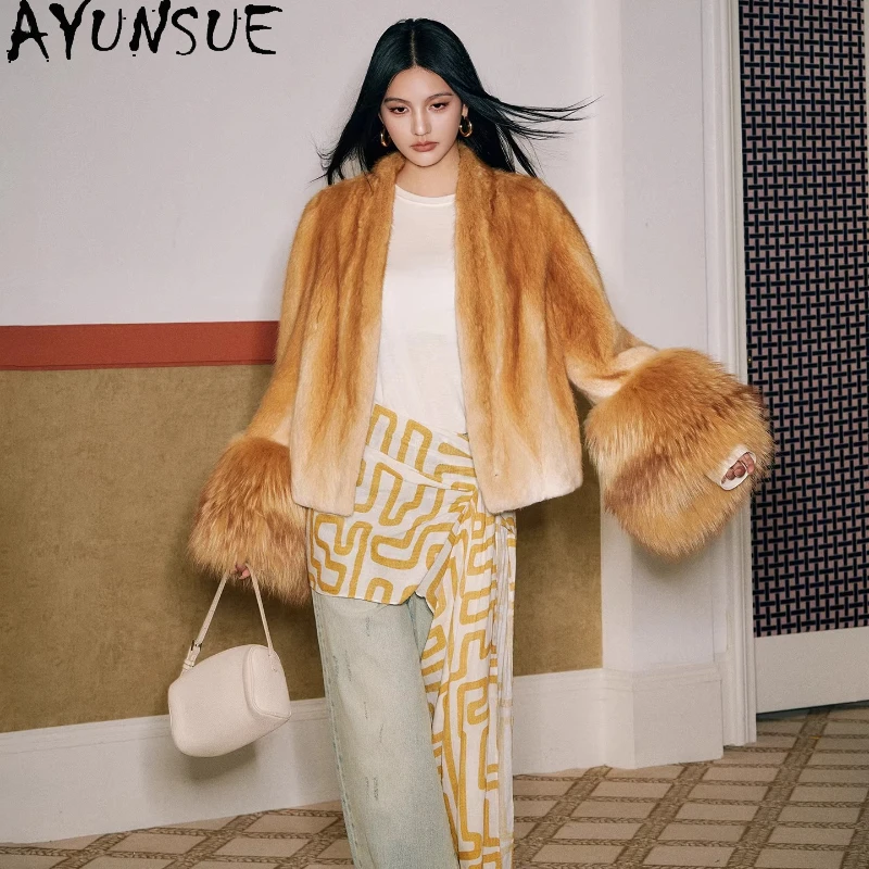 AYUNSUE Muskrat&Waschbär Pelz Mäntel Frau Winter Echtpelz Jacke High Street Outer V-ausschnitt Pelzmantel Frau Kleidung caiба Ж 1897