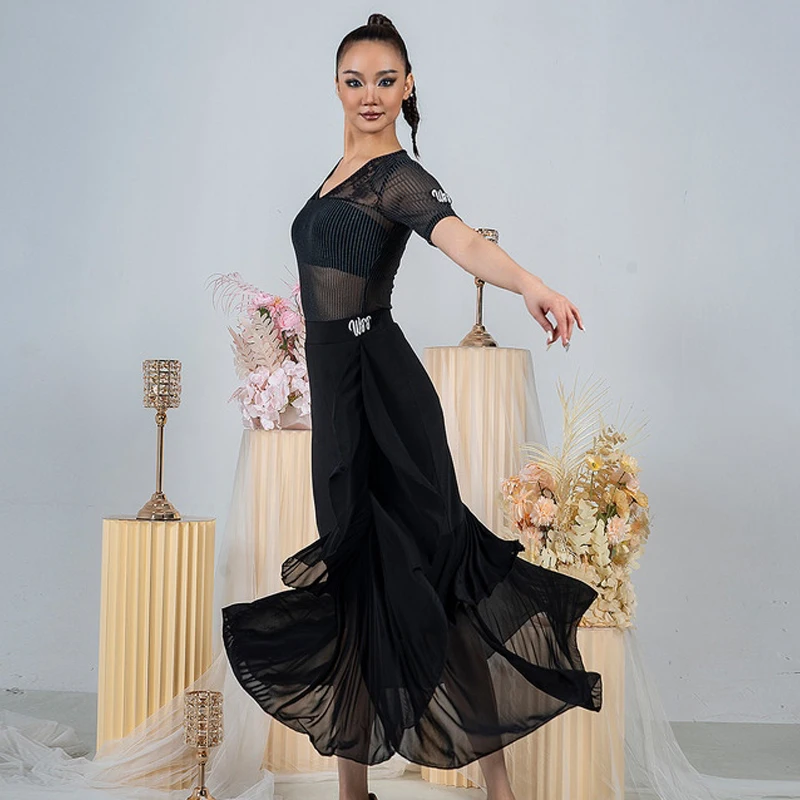 ラテンダンス服社交ダンス衣装セクシーなメッシュカバーオール不規則なスカートワルツダンスパフォーマンスドレス練習着 DNV23879