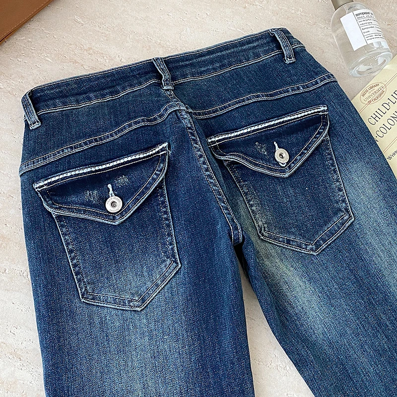 Low-waisted Washed Blue High-elastic Slightly Flared Jeans Stretch Zip Up Denim Pants Ankle-Length Slim-fit Bodycon Jeans