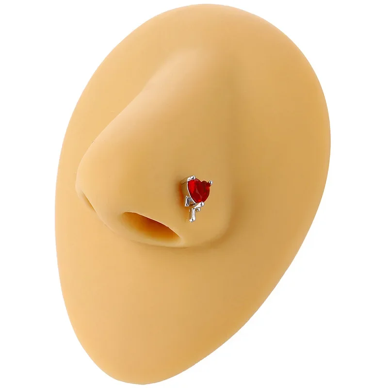 L Bend Stainless Steel Nose Piercing Jewelry Red Heart Nose Rings for Women Cubic Zirconia CZ Wig Nose Stud Rings Body Jewelry