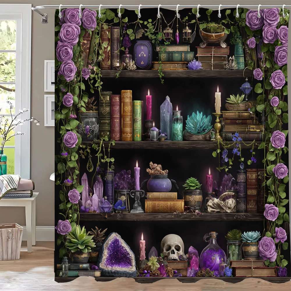 1pc European Retro Bookshelf Print Shower Curtain Partition Privacy Hanging Bathroom Curtain with Hooks Decoration Curtain