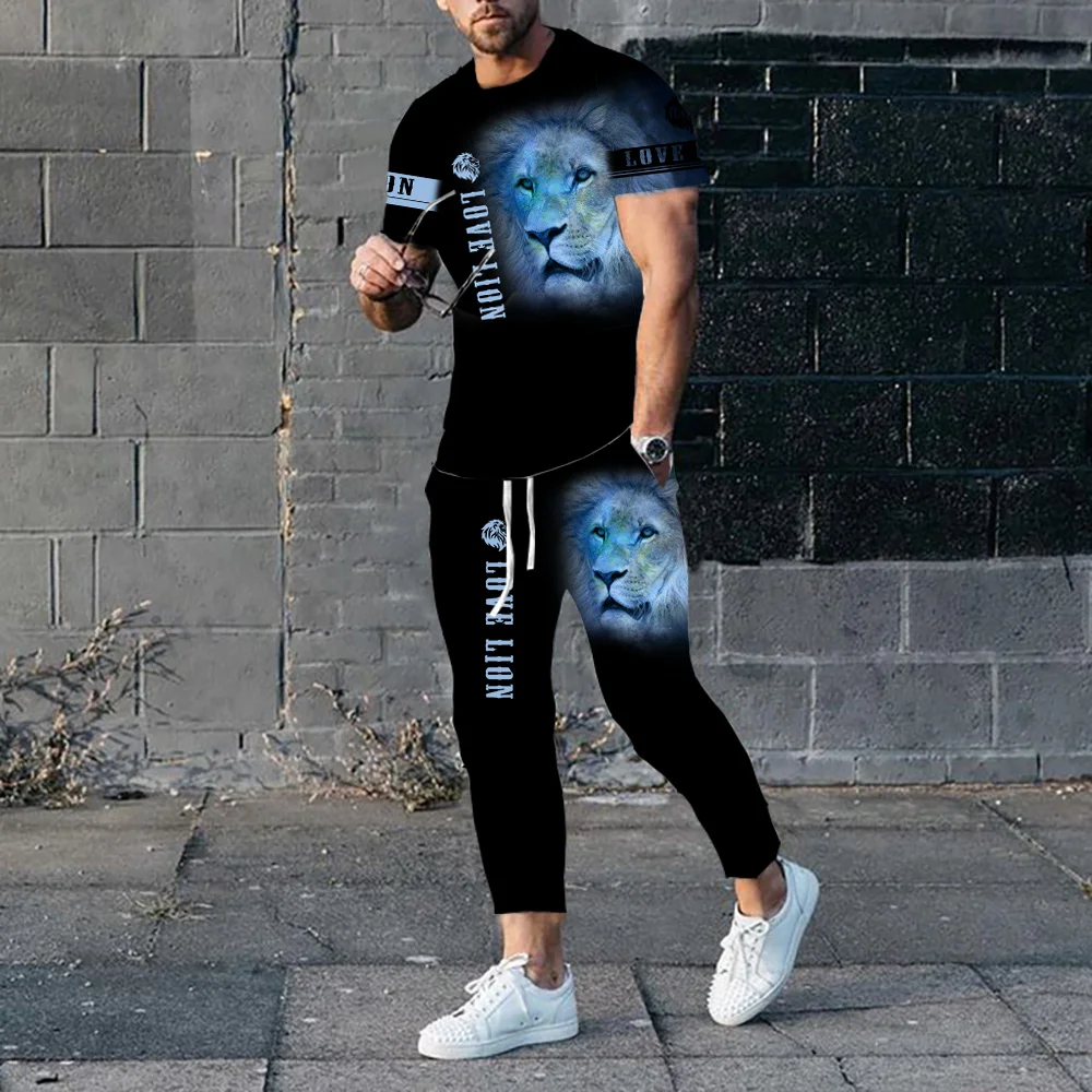 Summer Short Sleeve T-Shirt Men\'s Sets Male Jogging Sport Fashion Animal Tiger Lion 3D Print Oversize Tracksuit Two Piece Outfit