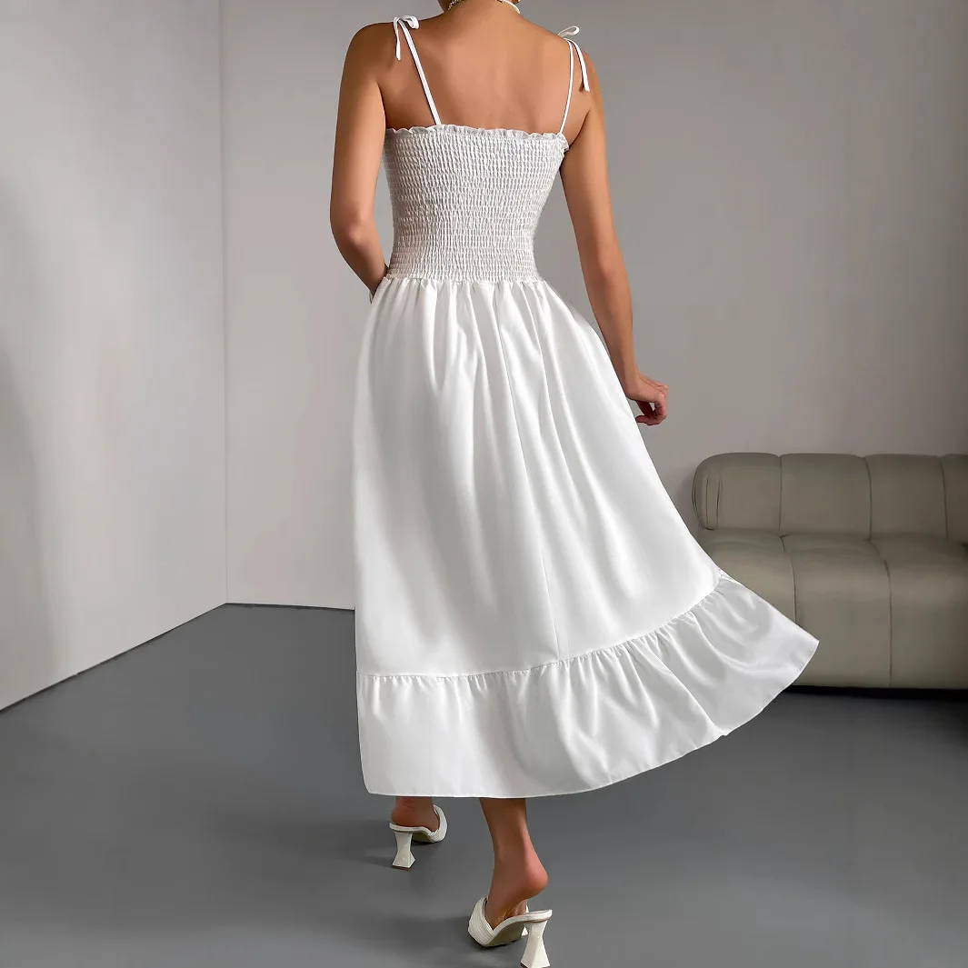 Summer New Women's Par Dr Pure Color Svel Pleated Asymmetrical Strap Long Skirt High Waist A-Line Gown Commute Sle