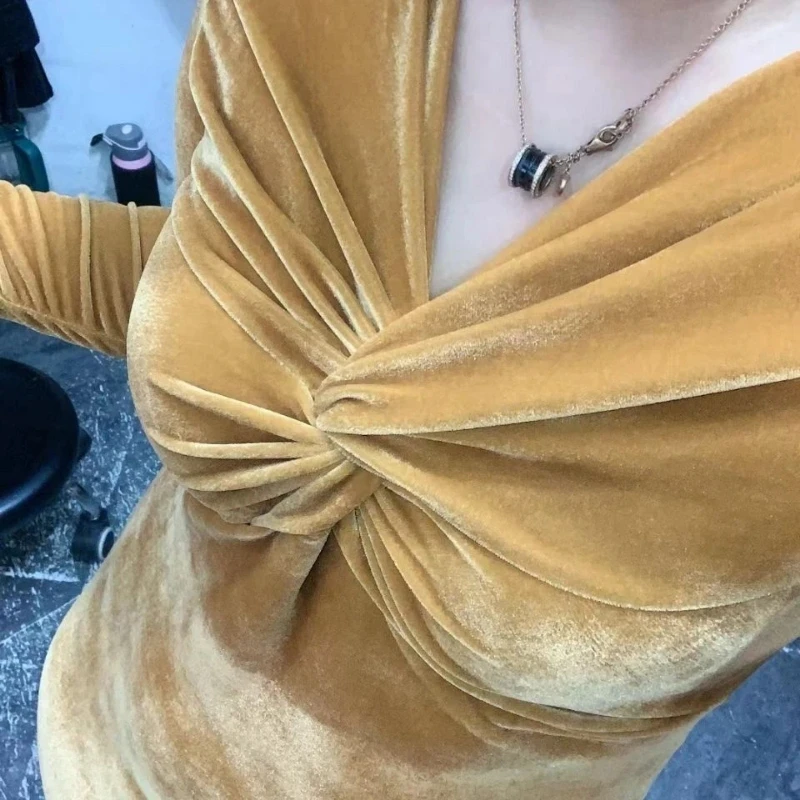 

V Neck Pleated Vintage Tops Long Sleeve All-match Simplicity Street Casual T Shirts Spring Autumn Fashion Office Women Clothing