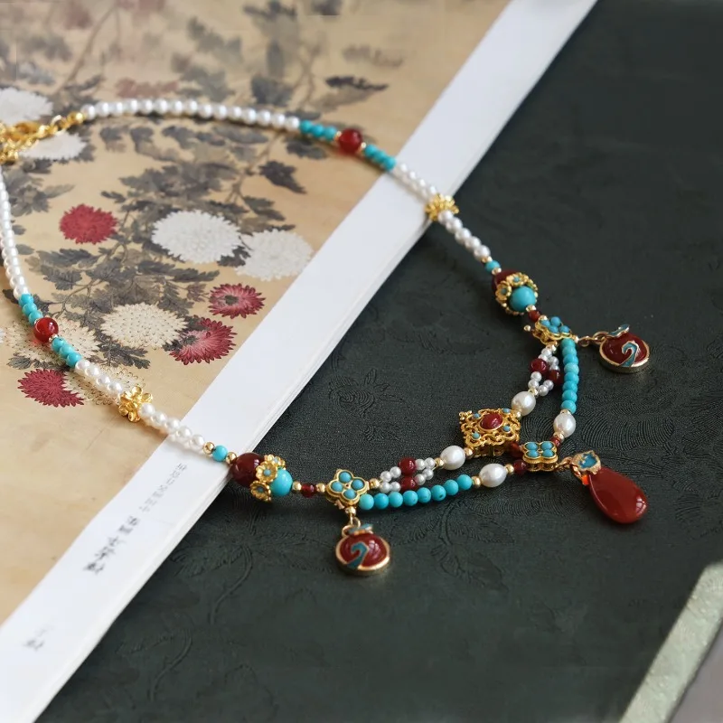 Original New Chinese Double Layer Soft Yingluo with Pearl Agate Short Necklace for Hanfu Qipao Elaborate Tang Ming Handmade Chic