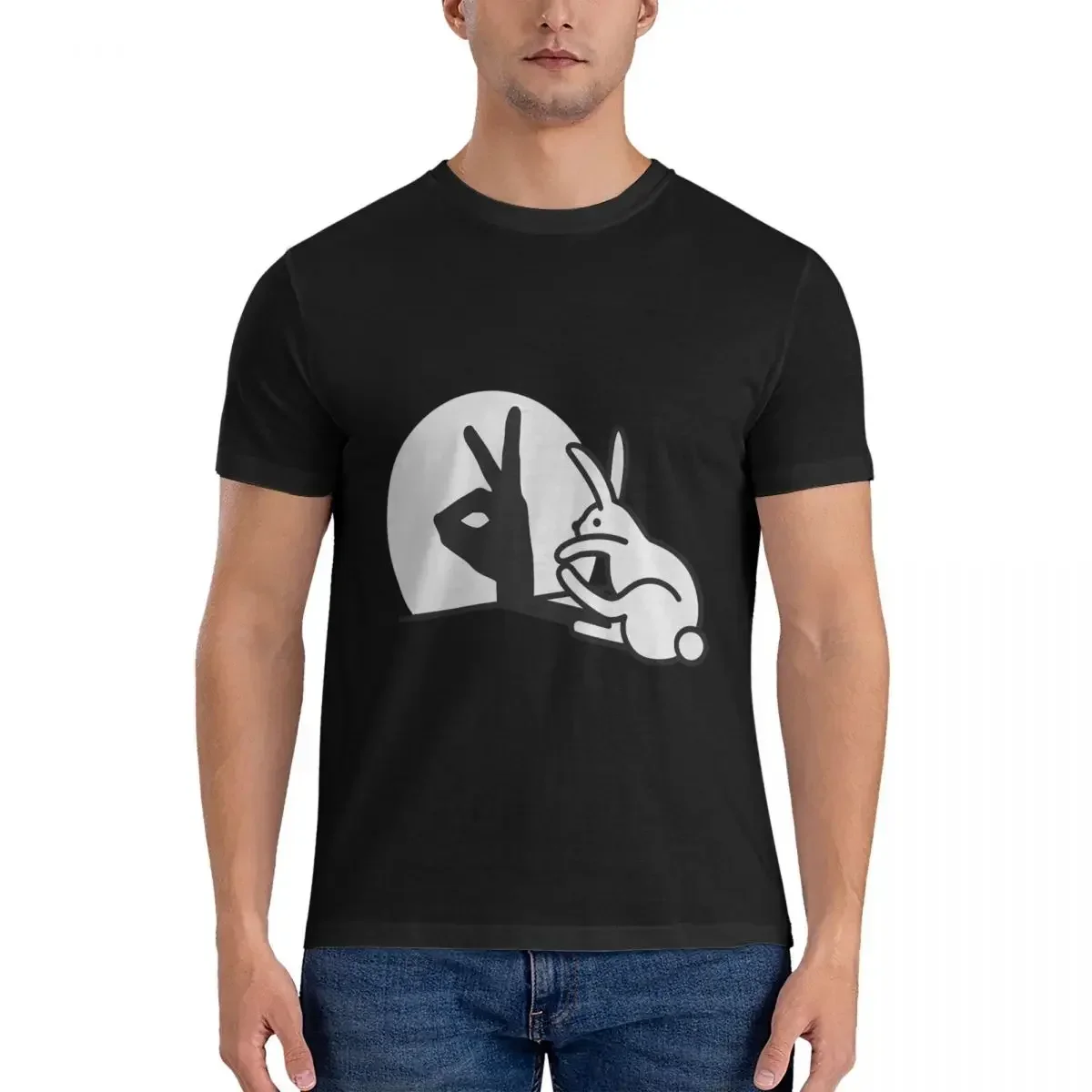 

100% Cotton Funny Rabbit Hand Shadow Puppets Humor Pop Art T-shirt Male Classic T Shirt Men Round Neck Summer Shirts Tops S-6XL