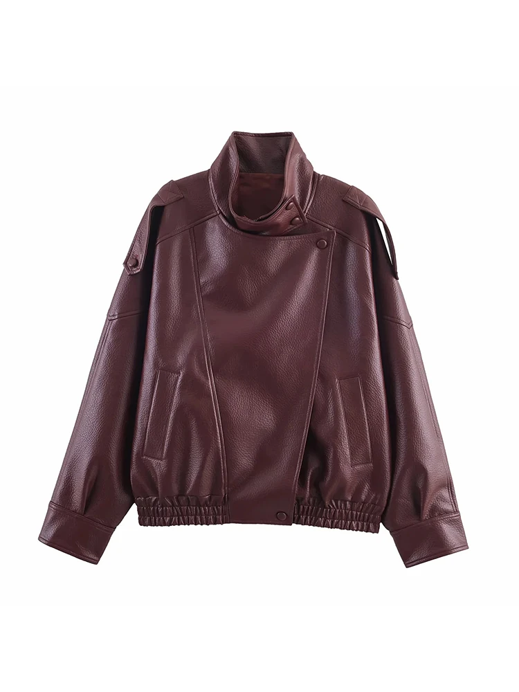 Jaqueta de Couro Sintético para Mulheres, Roupas Femininas, Nova Coleção de Primavera, Casacos Curtos com Zíper e Bolsos, Estilo Street Chic