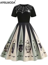 Eleganckie świąteczne kostiumy na Halloween sukienki z krótkim rękawem z nadrukiem 2023 jesień zima 50s Vintage Party Dress Cosplay Vestidos