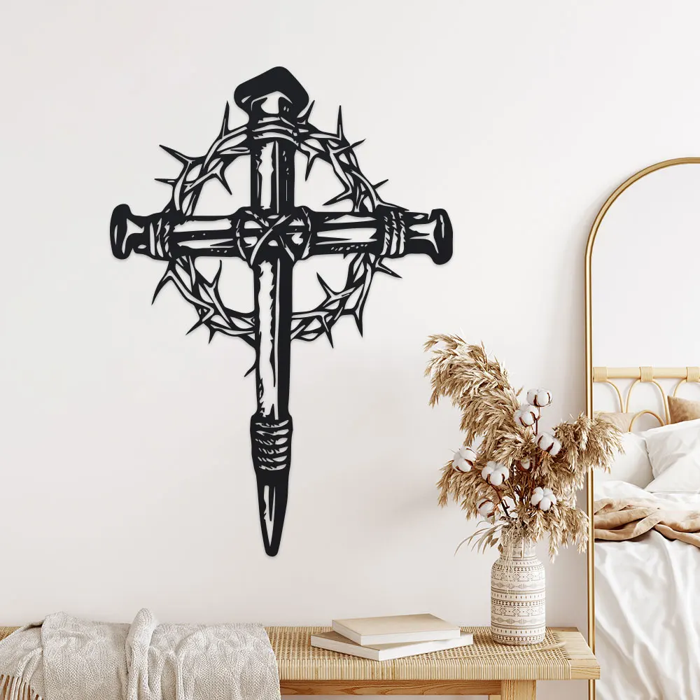 Gothic Metal Cross Wall Art with Thorns - 1pc Intricate Iron Home Decor for Living Room, Bedroom, Dining Area