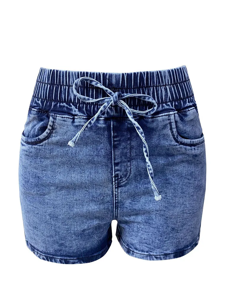 Dongcmy moda de luxo magro primavera/verão novo fino denim shorts feminino cintura alta cintura elástica rendas calças quentes