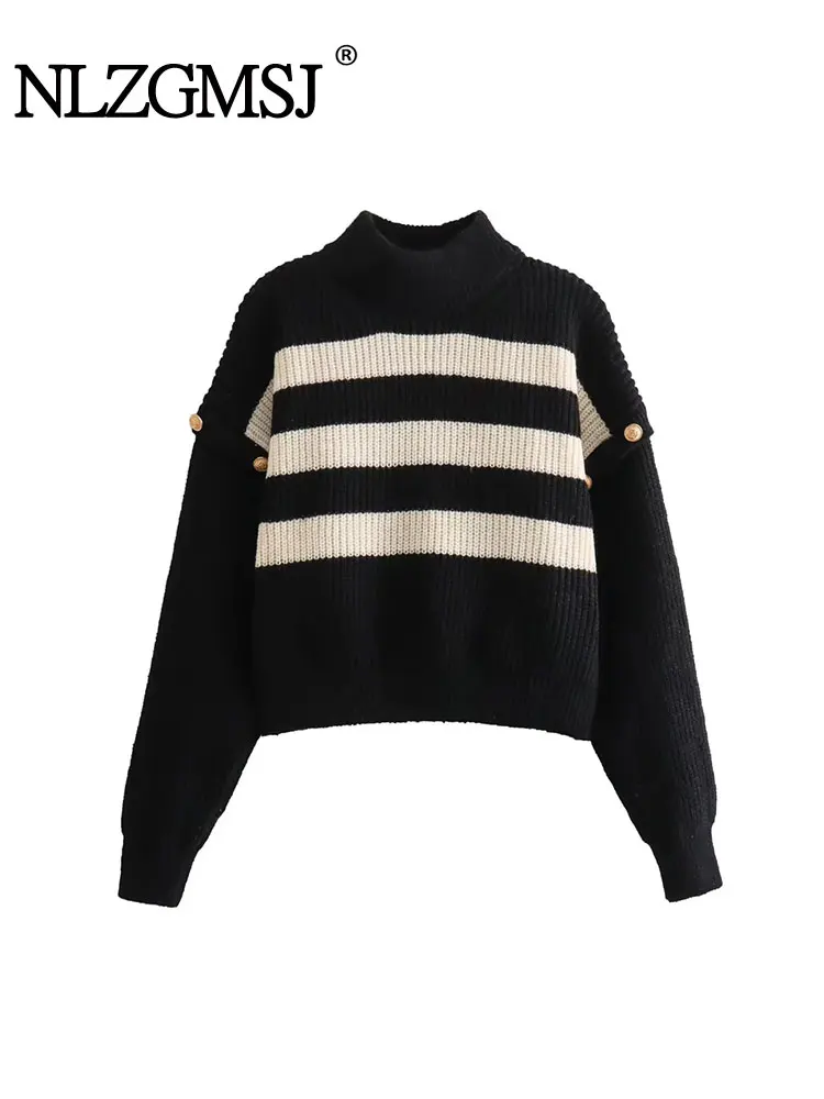 TRAF 2024 Spring Autumn Striped Sweater Woman Button Knitted Turtleneck Sweaters For Women Long Sleeve Cropped Pullovers Top