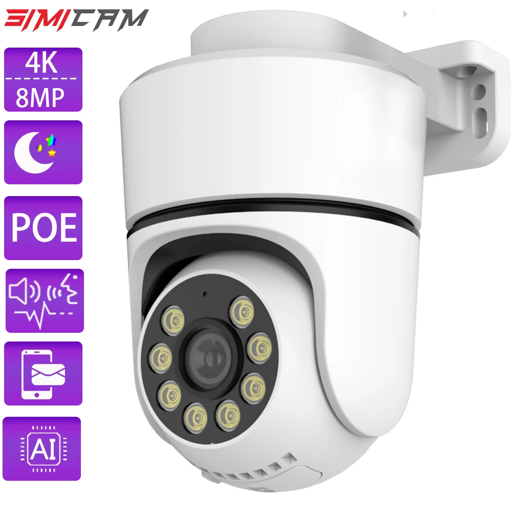 8MP Poe Ptz Camera Onvif Out Door Water Proof 4k Hd With Color Night Vision Dome Ip Samrt Two Way Audio XMEye TF Card Security