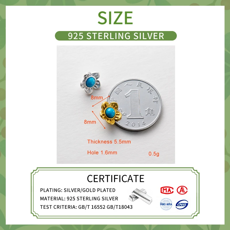 S925 Sterling Silver Blue Turquoise Flower Button Hand Woven Rope DIY Bracelet Necklace Handmade Woven Rope Material Accessory