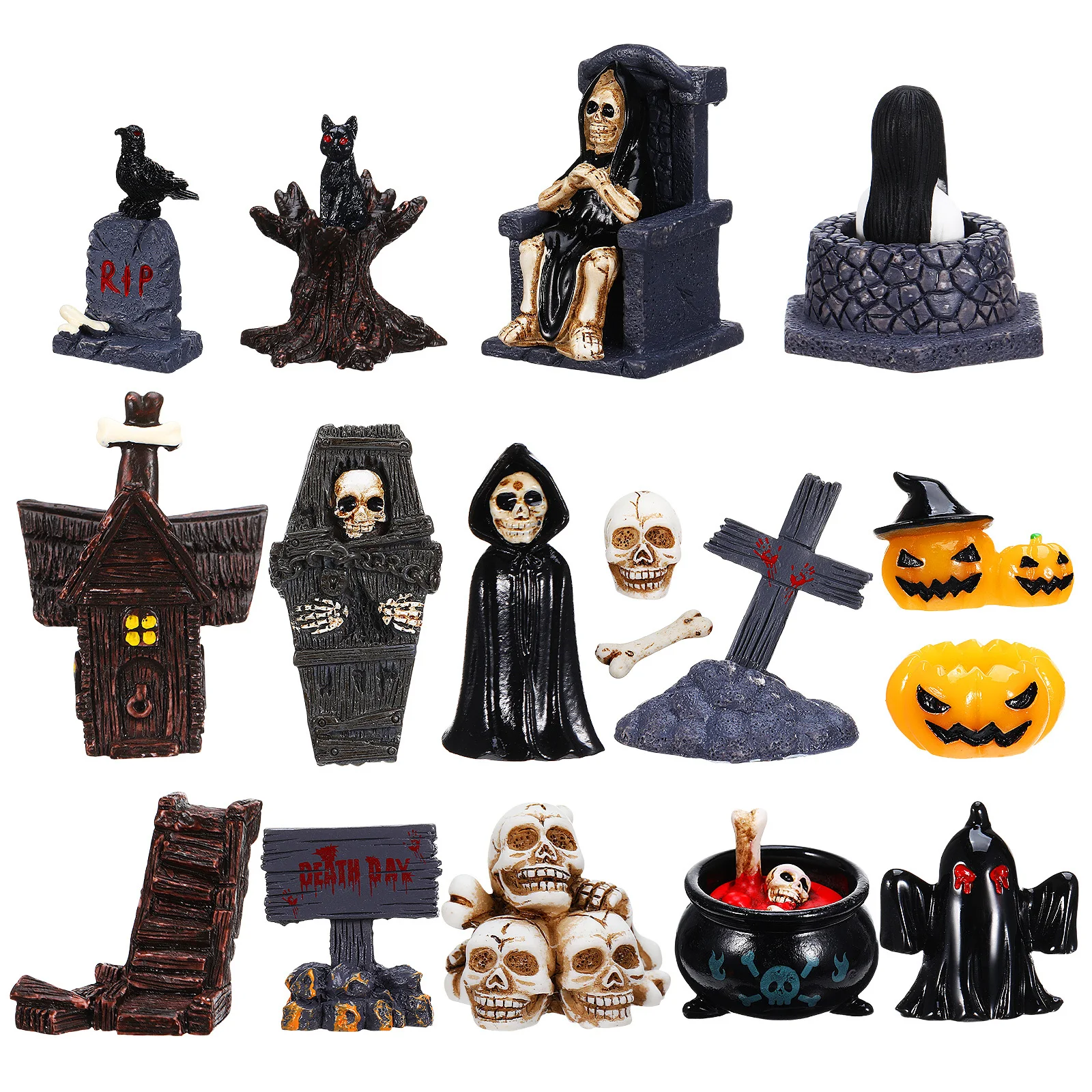 

21 pcs Halloween Decoration Set: Mini Resin Ornaments With Pumpkins Skeletons Tombstones For Party Home Decor Spooky Scene
