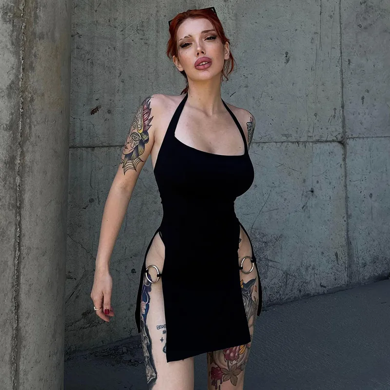 

Women's Summer Dress Solid Color Backless Hanging Neck Sexy Spicy Girl Style Tight Fitting Dress Polyester High Machine Wash