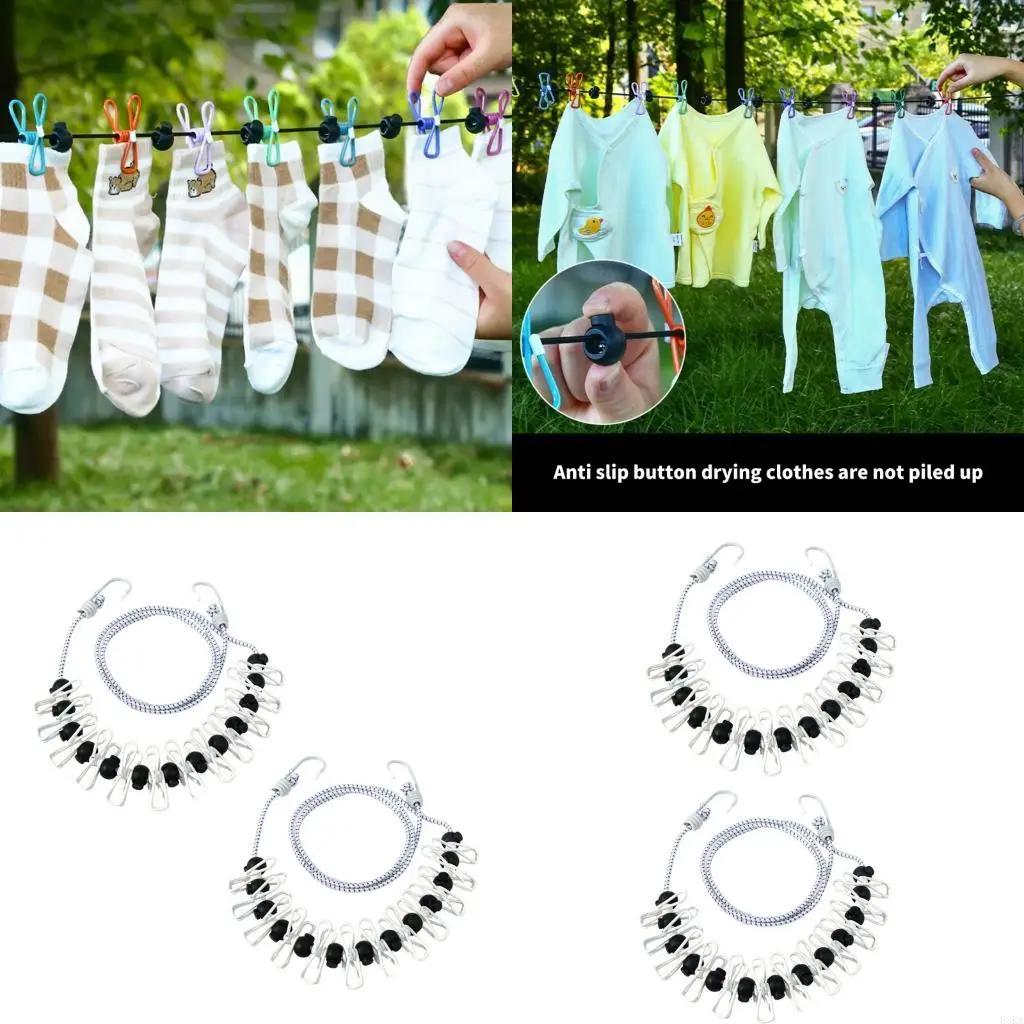 2 Piece Travel Drying Line Flexible Rubber Materials Nonslip Clip Secure Hangers