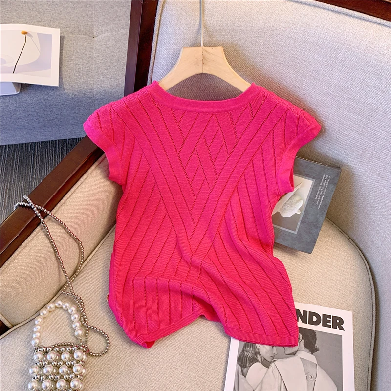 Sleeveless Ice Silk Knit Sweater Vests Women 2023 Summer O-neck Buttons Elegant Sexy Stylish Solid Chic Tops Knitwear Jumpers