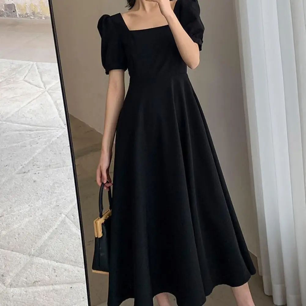 

Women Summer Dress Square Neck A-line Big Hem Short Sleeves Dress-up Elegant Evening Dress Party Maxi Dress Women Clothes