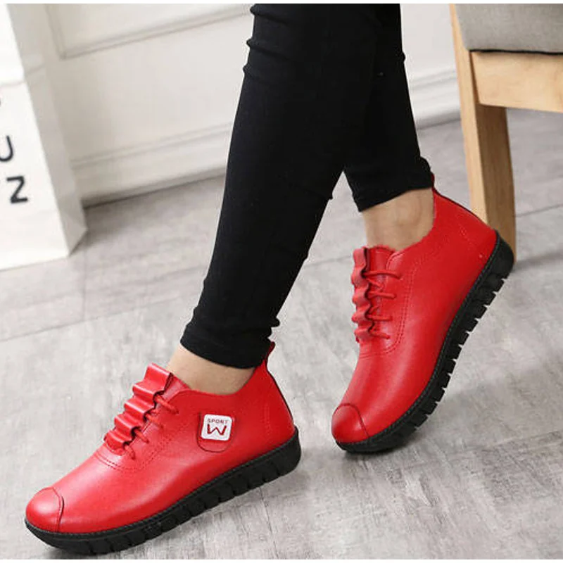 Comemore Women Pu Leather Shoes Women\'s Ballet Flat Shoes Red Black Sneakers Ladies Female Footwear Casual Walking Shoes Autumn