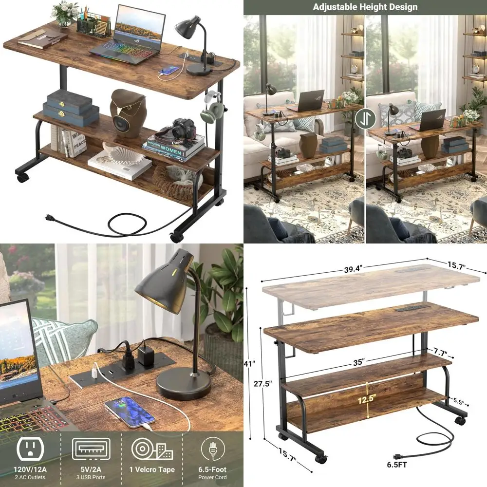 

39 Height-Adjustable Standing Desk with Power Outlets - Manual Rolling Compact Computer Desk with Wheels
