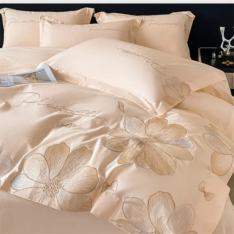 100% Egyptian Cotton Luxury Bedding Set Flowers Embroidery Duvet Cover Set Elastic Band Bed Sheet Set Pillowcases Soft Bed Sets