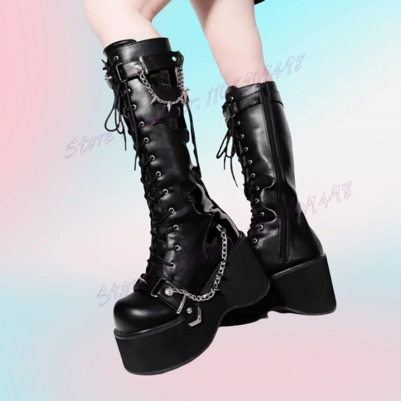 

Black Wedges Heels Platform Boots Cross Tied Round Toe Shoes for Women Matte Leather Knee High Shoes 2024 Zapatos Para Mujere