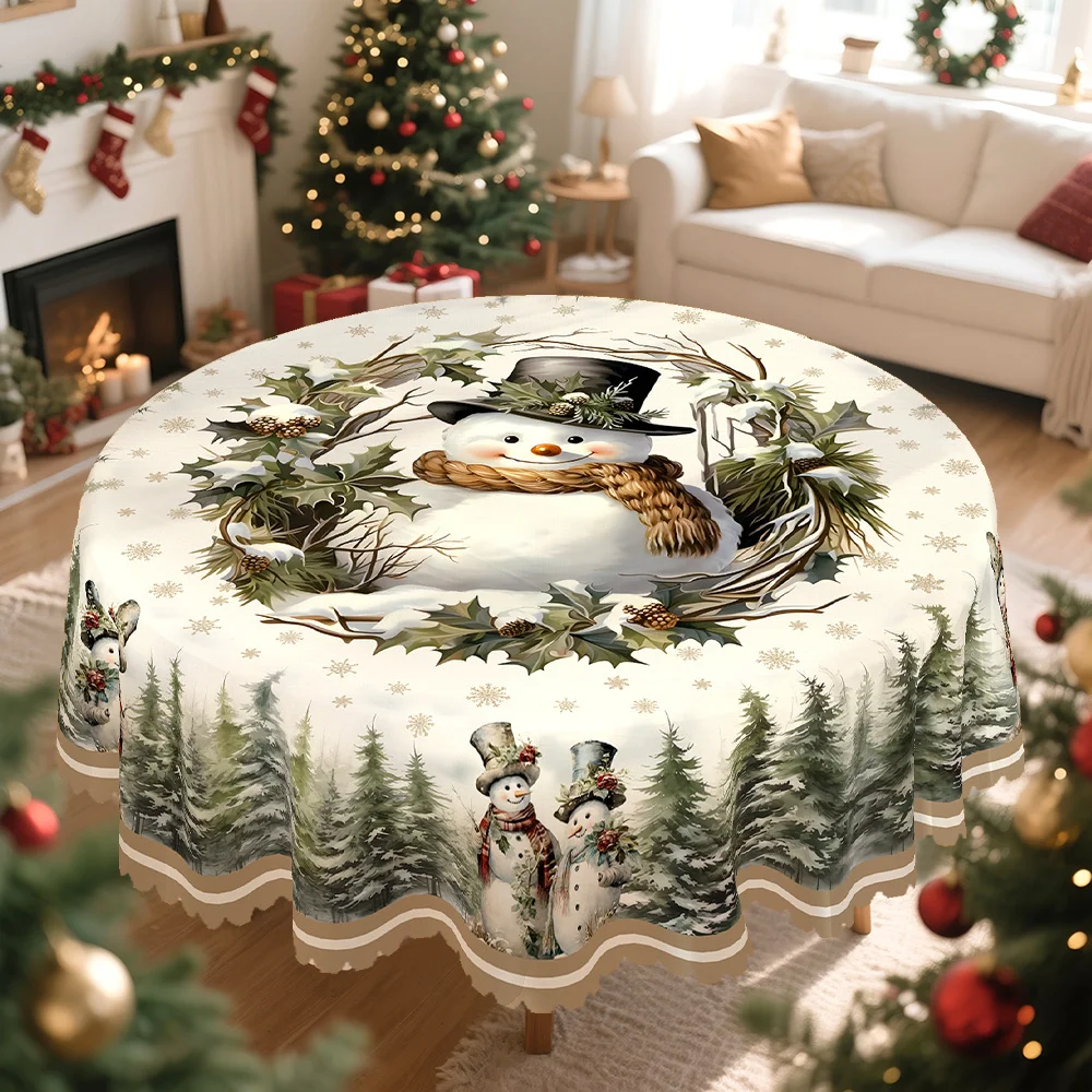 Winter ice and snow, Christmas tablecloth, white and green decoration, snowman, wreath and pine, retro style, round, rectangular