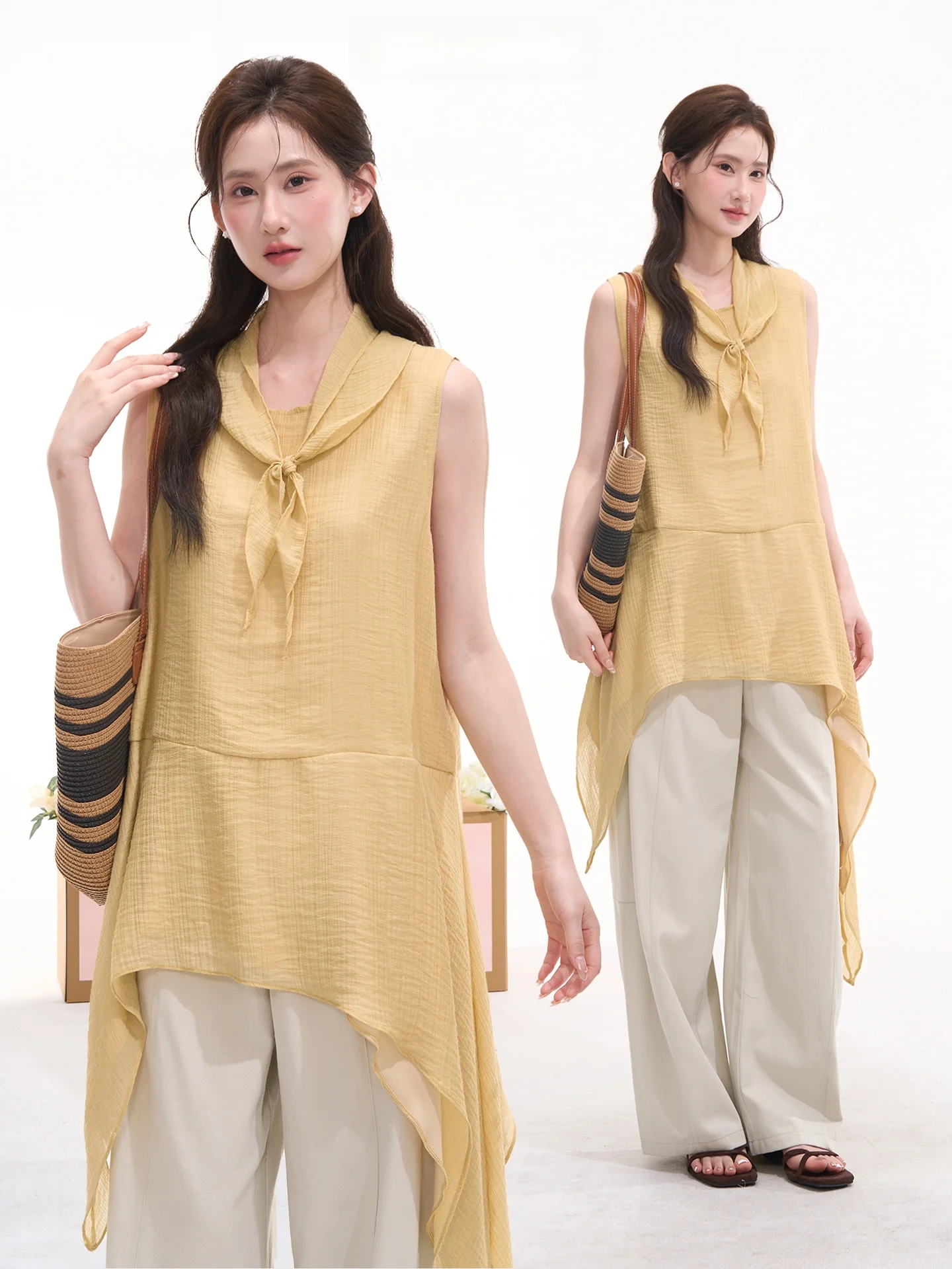 

Летняя женская блузка Heme из шелка и лиоцелла без рукавов, асимметричная, повседневная, свободного кроя, с круглым вырезом, средней длины, элегантный топ