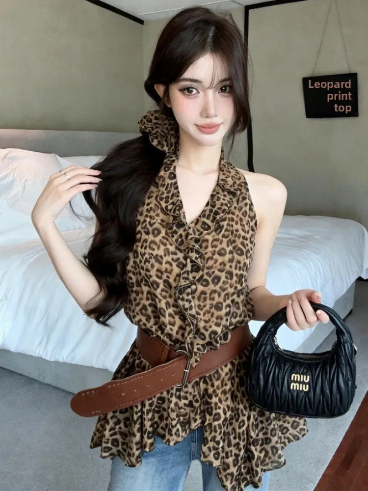 

Slimming Pure Desire Leopard Print Ruffle Hem Summer New Style Spicy Girl Waist Cinched Irregular Midi Length Chiffon Top