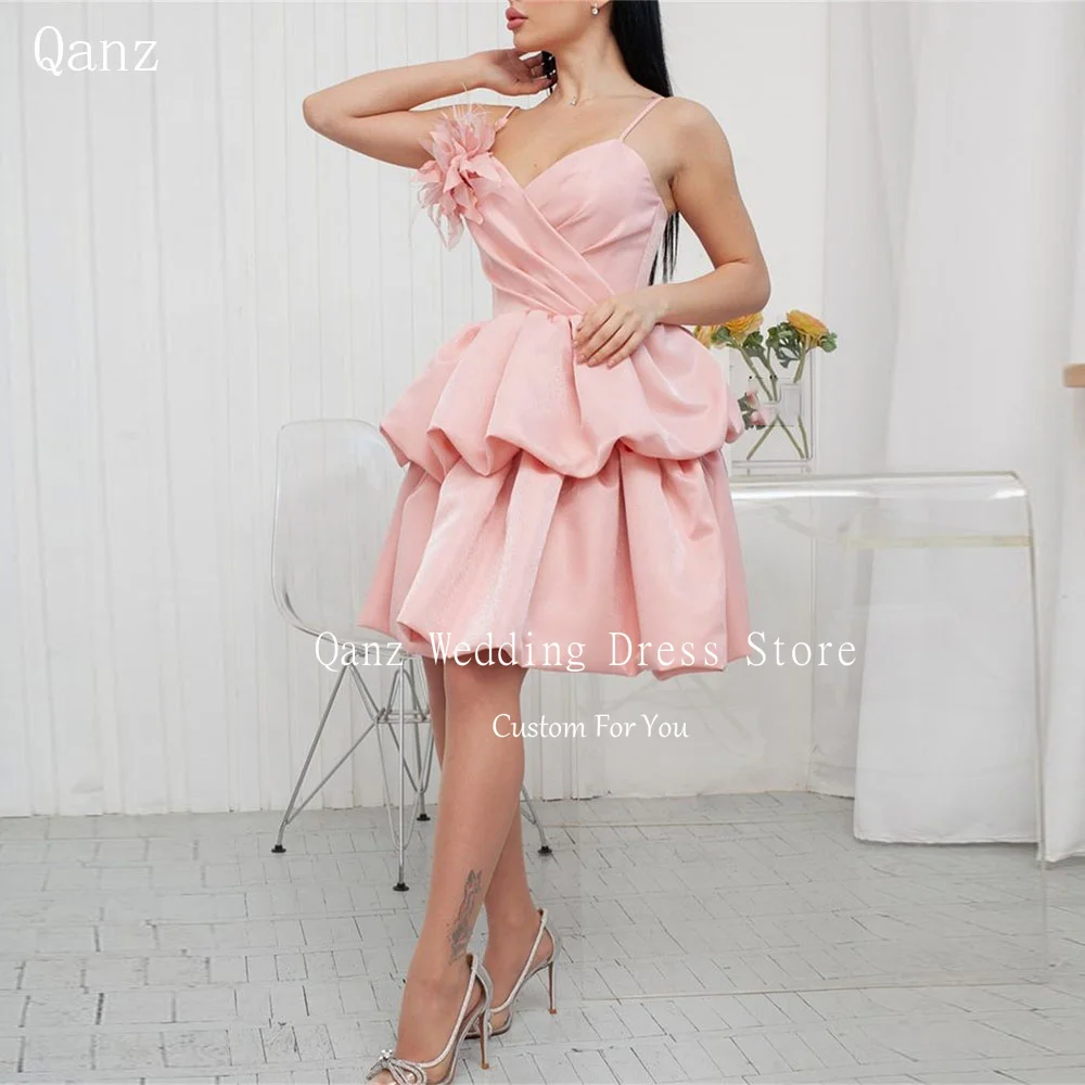 

Qanz Pink Princess Birthday Dresses Luxury Spaghetti Straps Short Satin Flower Prom Dresses Lace Up Back Party Dresses Woman