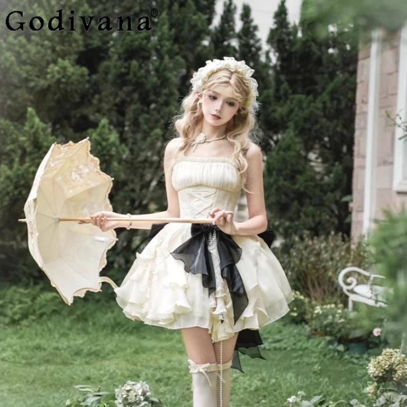 

Original French Retro Elegant Long Dress Set Woman's High Waist Slim Elegant Lolita Style Suspender Dress Princess Dress Jsk