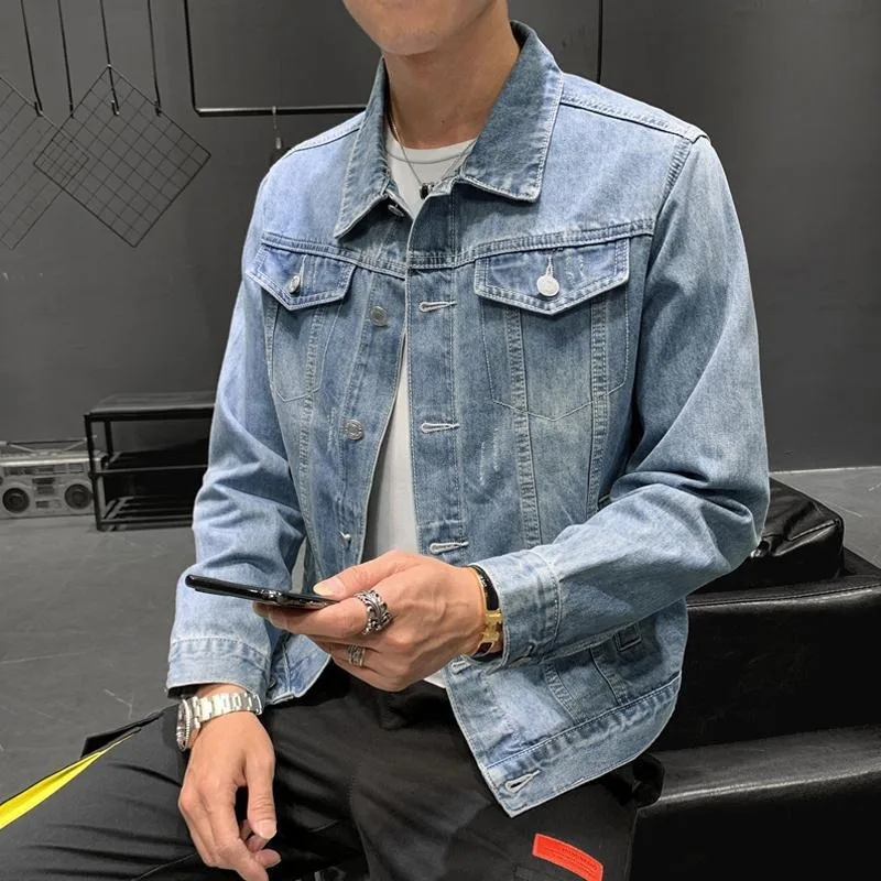 

Винтажные повседневные приталенные джинсовые куртки с лацканами, мужская одежда низкой цены, размер L, дешевое стильное японское ретро-роскошное ковбойское пальто для мужчин
