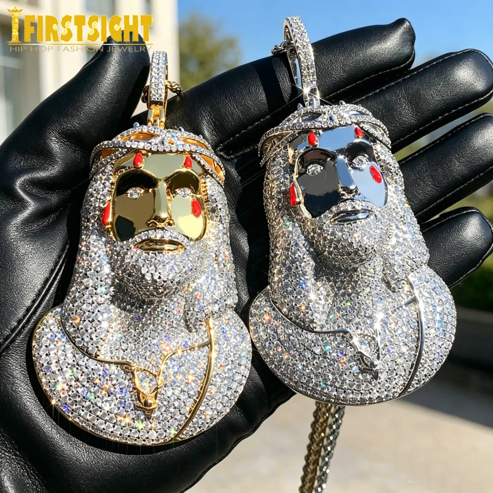 

New Iced Out Big Jesus Head Pendant Necklace Gold Color Bling 5A CZ Zircon Faith Religious Enamel Charm Men's Hip Hop Jewelry