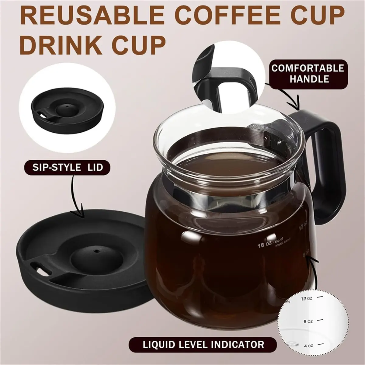 A08I 16 Unzen Glas-Kaffeebecher Mini-Kaffeekanne mit Auslaufsicherem Deckel, Hitzebeständig Große Kapazität, Moderne Kaffeetassen