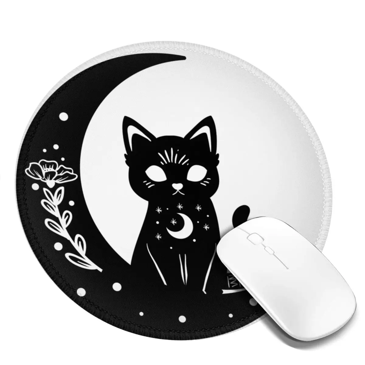 Black Cat On The Moon Round Mouse Pad Cute Pentagram Aesthetic Gaming Mousepad For PC Laptop Computer Anti-Slip Mouse Mats