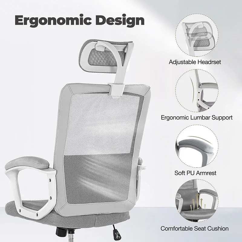 Sweetknapperige Ergonomische Bureaustoel Met Hoge Rugleuning Van Mesh, Bureaustoel Met Verstelbare Hoofdsteun En Lendensteun Ter Plaatse