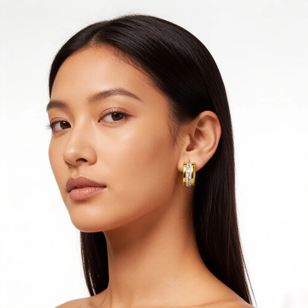 Golden Creole Hinged Hoop Earrings White Stone Europe Style Elegant Fine Jewerly For Women Gift In 925 Sterling Silver