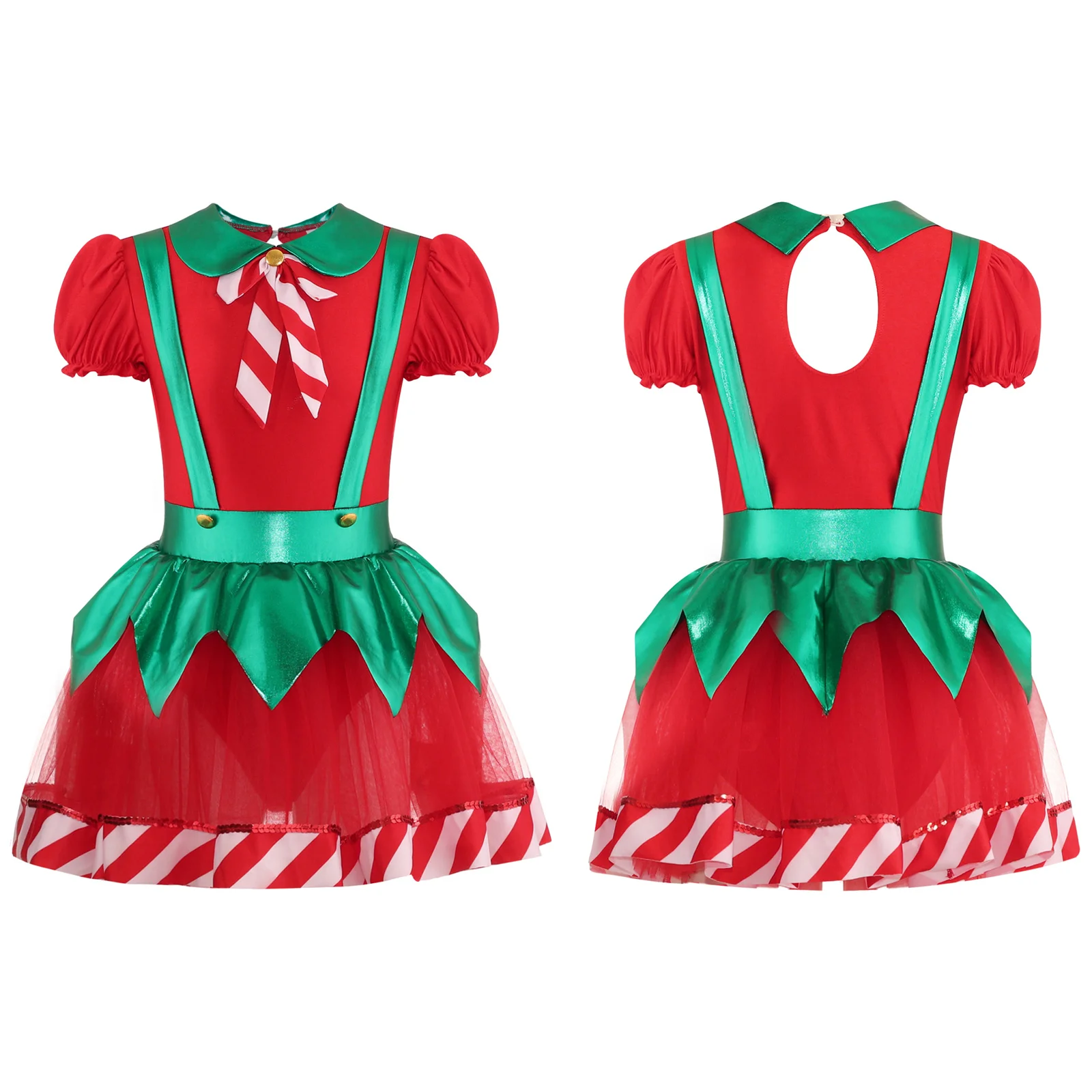 Kids Girls Christmas Costume Puff Sleeve Hollow Back Bow Stripes Tutu Dress Ballet Dance Jumpsuit Leotard Performance Bodysuit