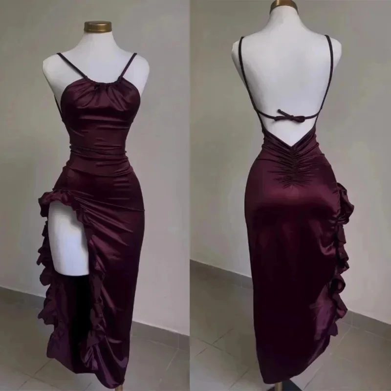 Frauen sexy Satin Bodycon langes Kleid Vintage rücken freie träger lose Rüschen Gabel Party Club elegante Abendkleider weibliche Vestidos