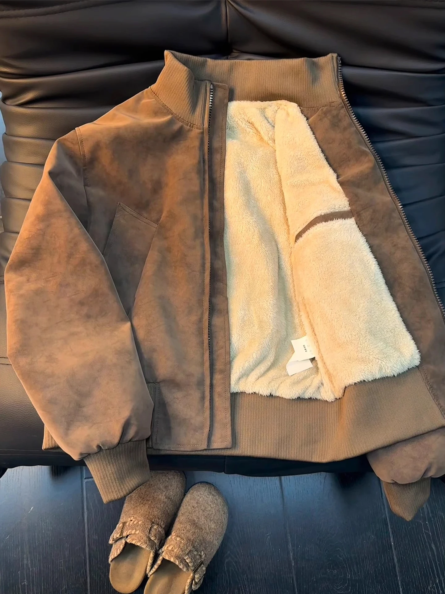 

Cé Brown Dyed Flight Jaet Cotton Men's Winter Fce Lined Thiened American PU Leather Stand Collar ort Cotton Coat