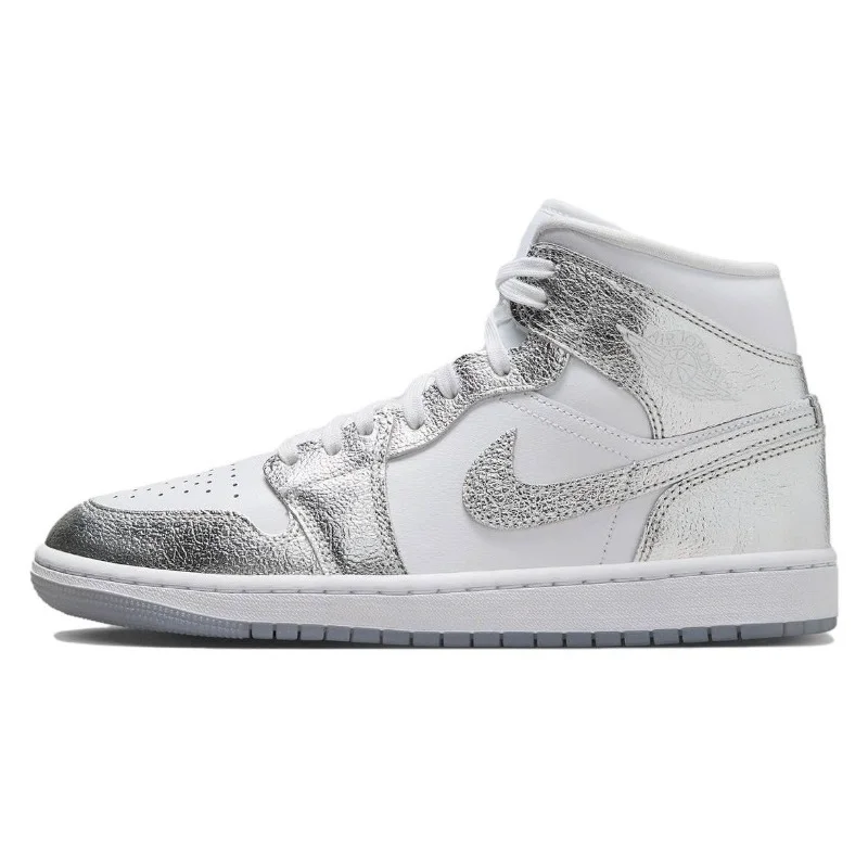 Nike Air Jordan Retro 1 One Mid Metallic Silver Classic OG Outdoor Trainers Sports Shoe Sneakers Women Men Basketball Shoes