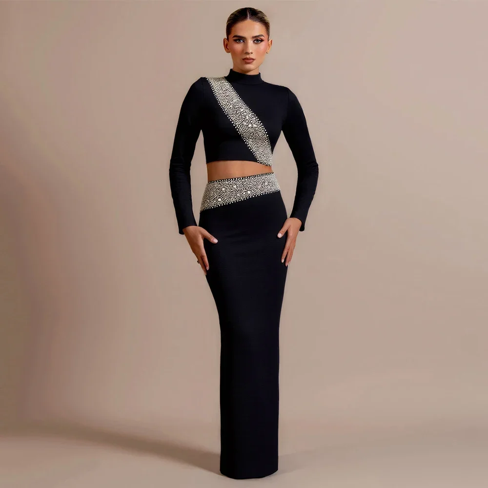 

2025 Women Elegant Two Pieces Sets Sexy Beading Tops Long Skirts Bandage Sets Club Party Bodycon Sets