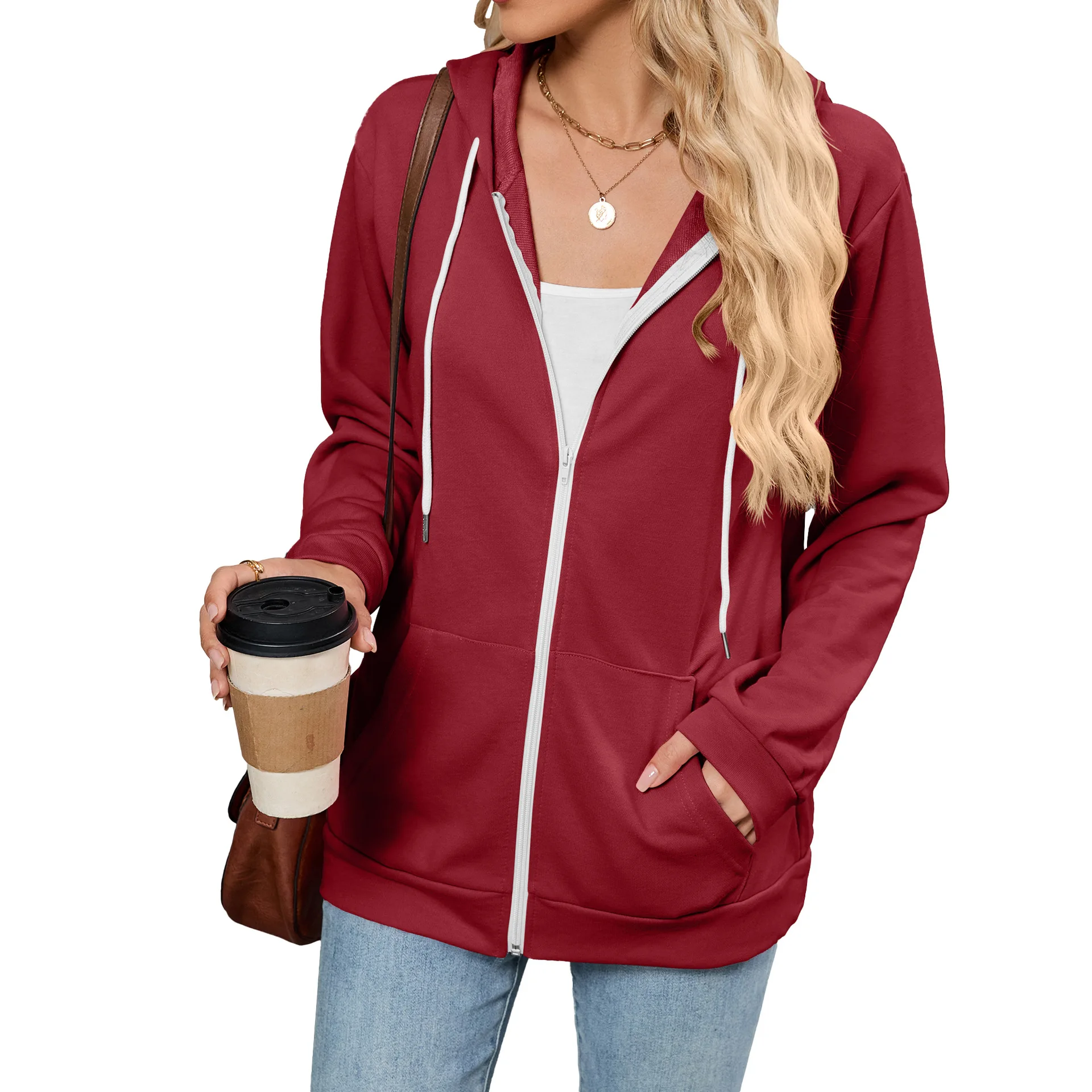 Women Casual Hoodie Fashion Solid Color Drawstring Sweatshirt Simple Classic Zipper Long Sleeve Autumn Jacket Student Sport Coat