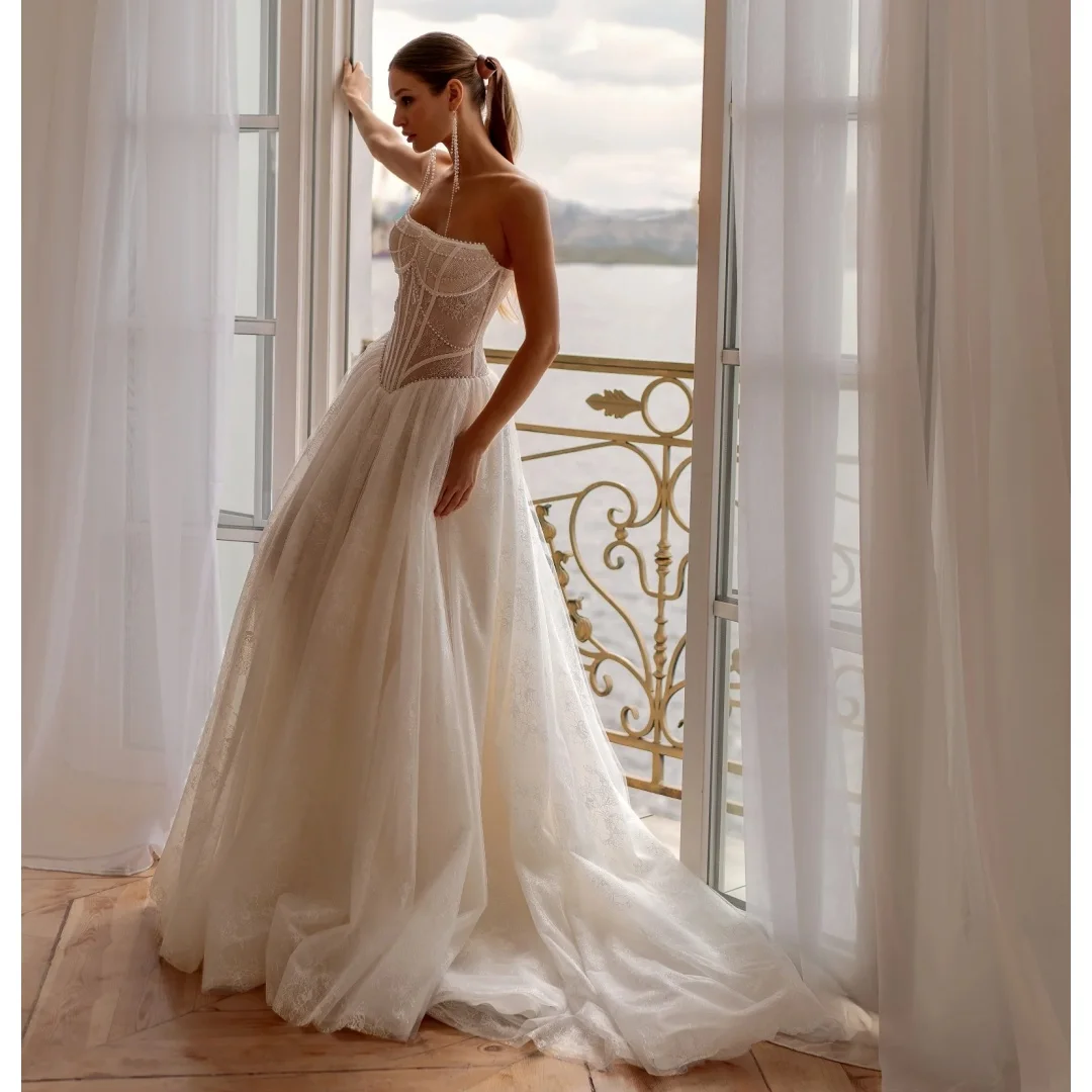 

Strapless Lace Corset Wedding Dresses Illusion Bodice Pearl Embellishments Bridal Party Dress Fashion robe de mariée Customized